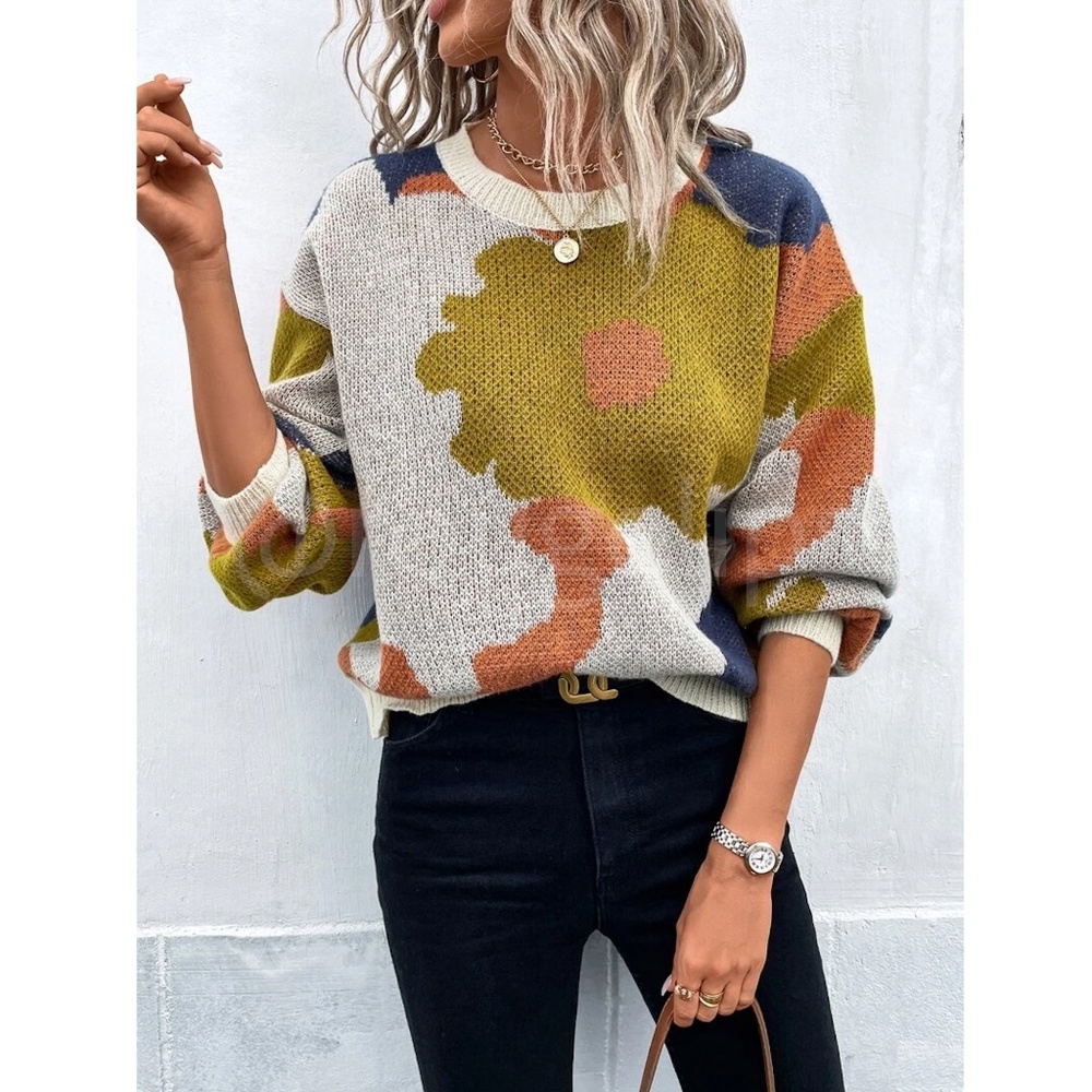 Floral Print Pullover Knit Sweater Multicolor Crew Neck Long Sleeve - Picture 2 of 7